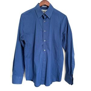 EXPRESS Mens Medium Navy Blue Fitted 1MX Long Sleeve Button Up Shirt LL7
